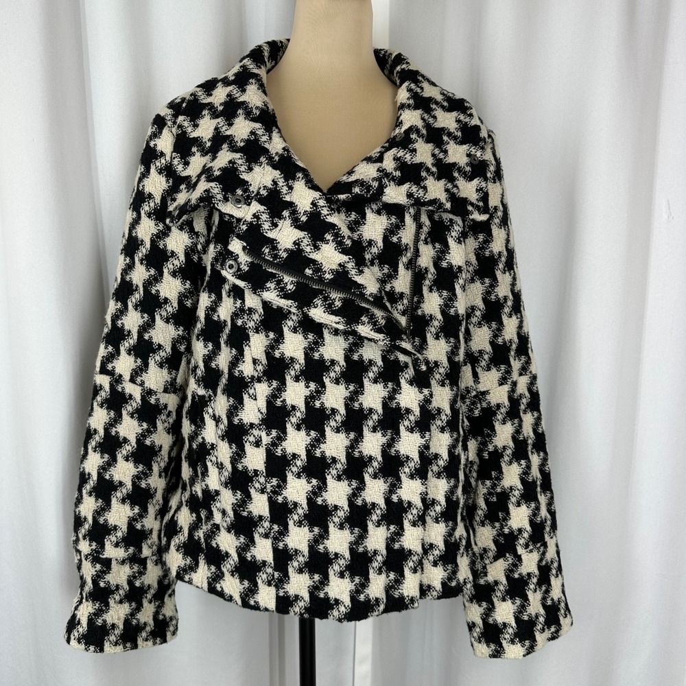 Lane Bryant Size 18 Black Ivory Houndstooth Wool Blend Moto Jacket Plus